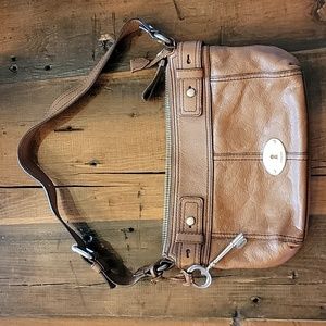 Fossil Leather Shoulder Purse with Silver Hardware and Adjustable Strap